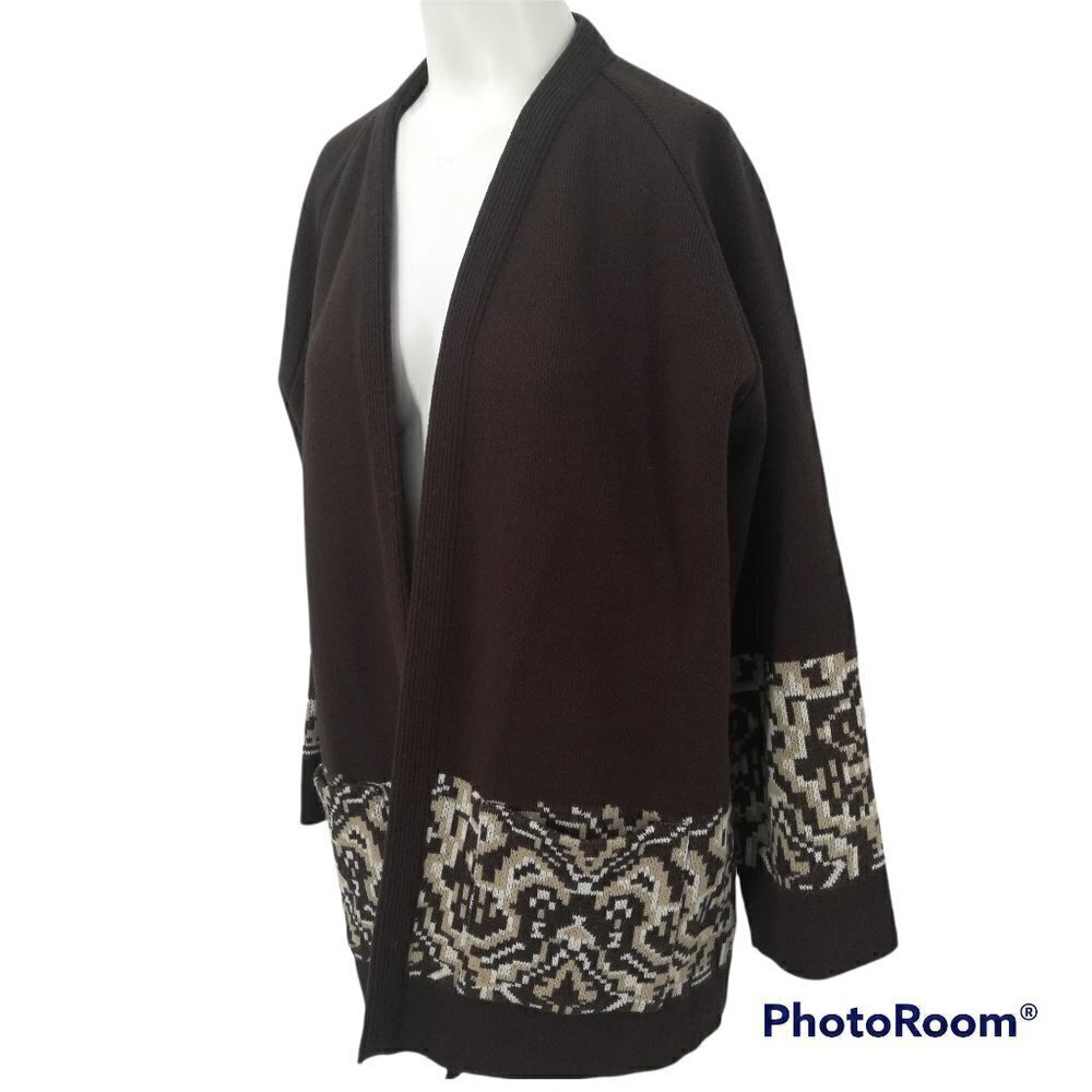 Vintage Rosa Lee Open Cardigan Sweater Size XL? Pockets Geometric Aztec Brown